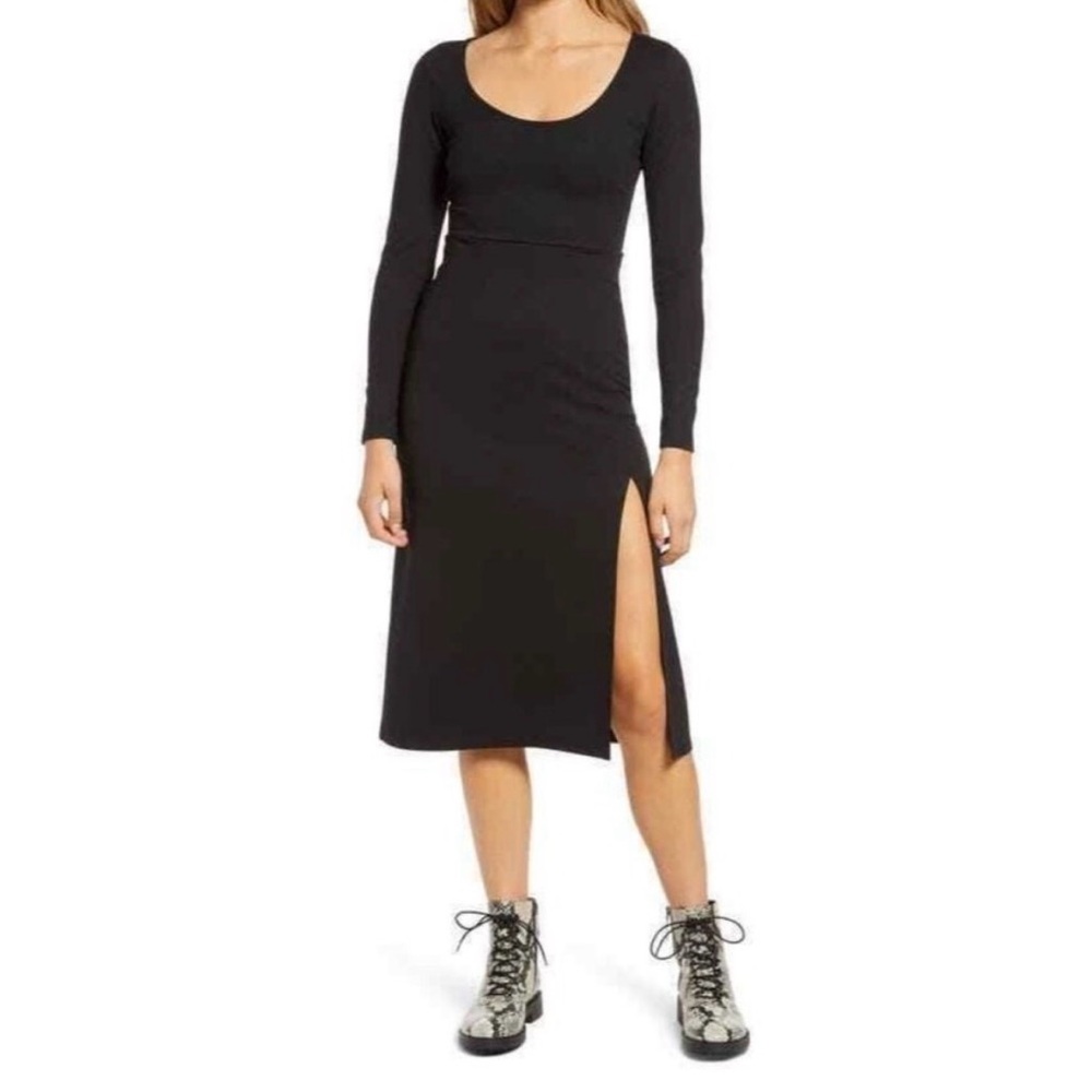 Leith NWT XS Black Side Slit Long Sleeve Midi Dress